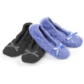 Isotoner Women's 2 Pack Mictroterry Ballerina Slipper with a Satin Bow, Plush Lining and Suede Sole, Periwinkle Quilted/Ash Solid, 8-9