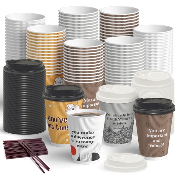 Dessie 100 Disposable Coffee Cups with Lids 12 Oz, To Go Coffee Paper Cups with Lids and Stirrers, Motivational Coffee Cups with Lids 12 Oz. (You've Got This)