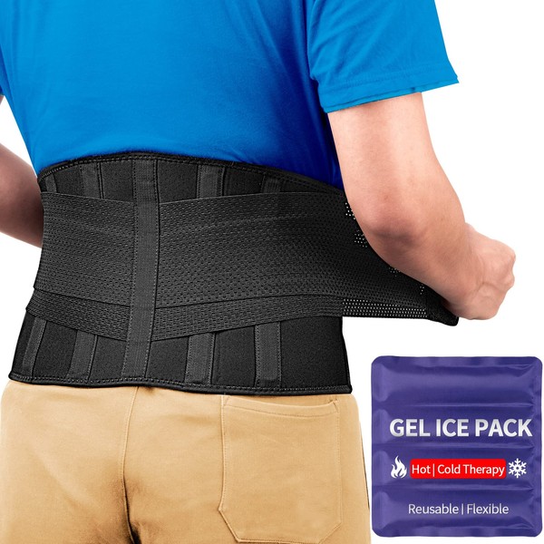 FEATOL - Cinturón de apoyo para la espalda baja para aliviar el dolor de espalda, hernia, disco de ciática, escoliosis, diseño de material transpirable con paquete de gel de calor y hielo para hombres y mujeres, tamaño grande/extragrande