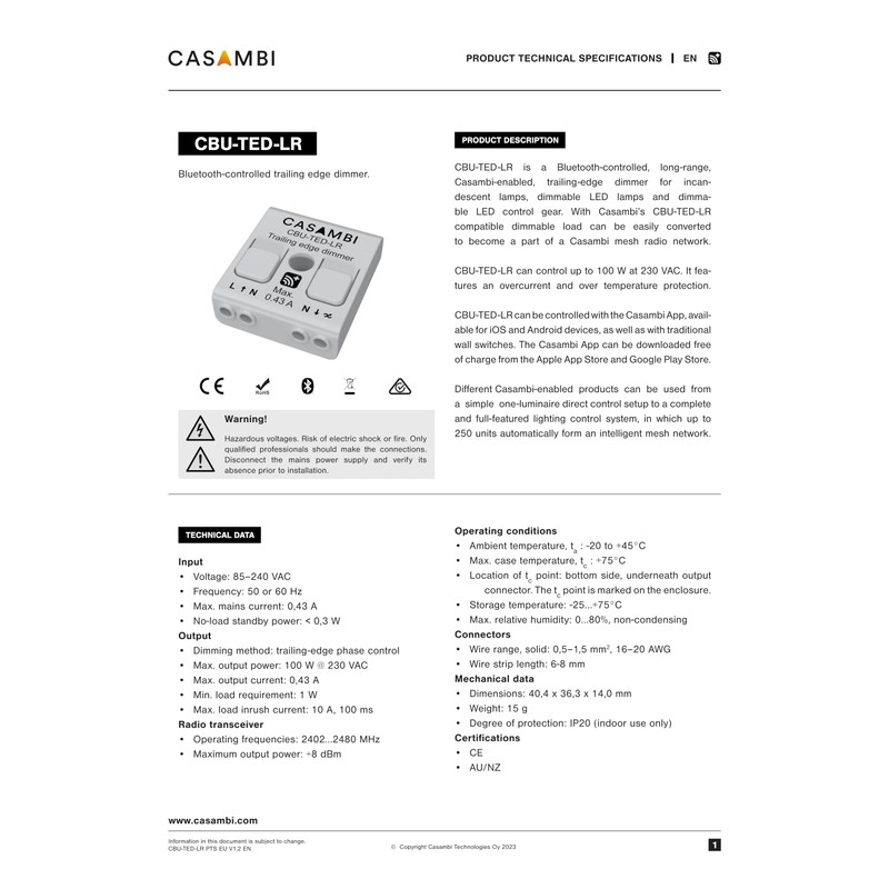 LLS Casambi CBU-TED-LR | Bluetooth-controlled trailing edge dimmer, white