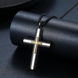 TwoAnts Cross Necklace for Men Women 925 Sterling Silver Tri-Color Jesus Cross Pendant Long Necklace Christian Jewelry Gifts for Boyfriend Son with 22 Inch Chain