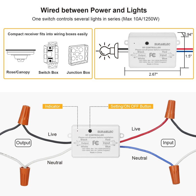 Suraielec 3 Way Wireless Light Switch, No Wiring, No WiFi,