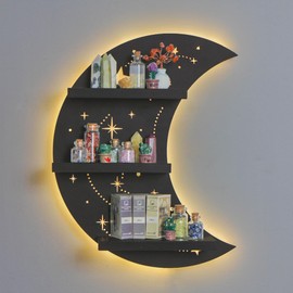 Crescent Moon Shelf with LED Light, Trinket Display Shelf & Moon Wall Light for Rocks Gems Healing Stones Crystals Display, Celestial Decor Crystal Holder Witchy Wall Decor