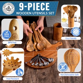 15pc Wooden Cooking Utensils Set with Holder and Measuring Spoons - Non Toxic Kitchen Spatulas and Wood Spoons for Cooking - Teak Wood Utensils for Non Stick or Cast Iron Cookware