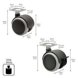 WAGNER 02072488 Furniture Castors / Double Castors Set of 8 Soft Diameter 40 mm Height 55 mm Soft Running Surface Mounting Plate 42 x 42 cm 4 with Lock Maximum Load 30 kg / Roll