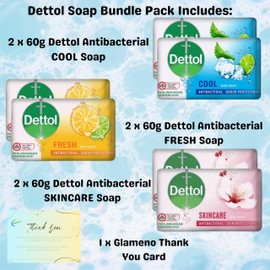 Antibacterial Soap Bundle with 6-Pack Soap Bars (2x Fresh Soap 60g, 2x Cool Soap 60g, and 2 x Skincare Soap 60g) and Glameno Thank You Card
