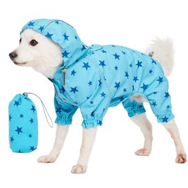 Blueberry Pet 16" Star Prints Lightweight Reflective Waterproof Dog Raincoat with Hood & Harness Hole, Blue, Outdoor Rain Gear Jacket 4 Legs for Dogs