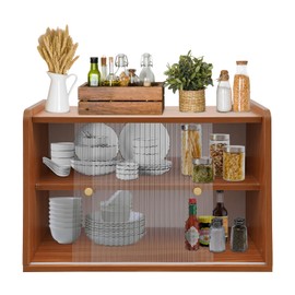 Double Layer Corner Bread Box, 2 Tire Bread Box for Kitchen Countertop, Food Storage Bin with Acrylic Wavy Door Panel, Large Capacity Farmhouse Breadbox for Kitchen Counter (Cherry Wood Color)