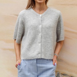 Women Y2k Crop Knit Cardigan Button Down Short Sleeve Ribbed Knitted Crop Top Sweater Knit Tops Outwear Streewear (A-Gray, L)