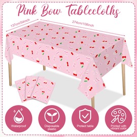 Tiamon 3 Pcs Cherry Bow Table Cloth Red Cherries Table Cover Pink Bow Tablecloth Disposable Plastic She's The Cherry On Top Tablecover for Bachelorette Baby Shower Bridal Birthday Party Decor Supplies