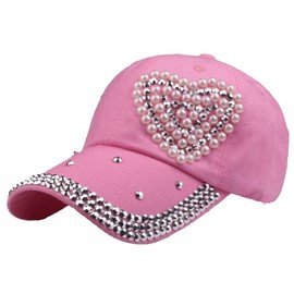 Shiny Baseball Cap for Women Pearl Loving Heart Chic Denim Hats Bling Metal Sun Hat Skullcap Adjustable Comfy Outdoor, Pink, One Size