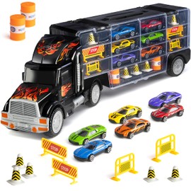 Play22 Semi Truck Toys for Boys Ages 3-5 - 17 in 1 Kids Toys Truck Transport Car Carrier with 6 Cars, 11 Accessories, Birthday Gifts Toys for 3 Year Old Boys, Toddler Boy Toys