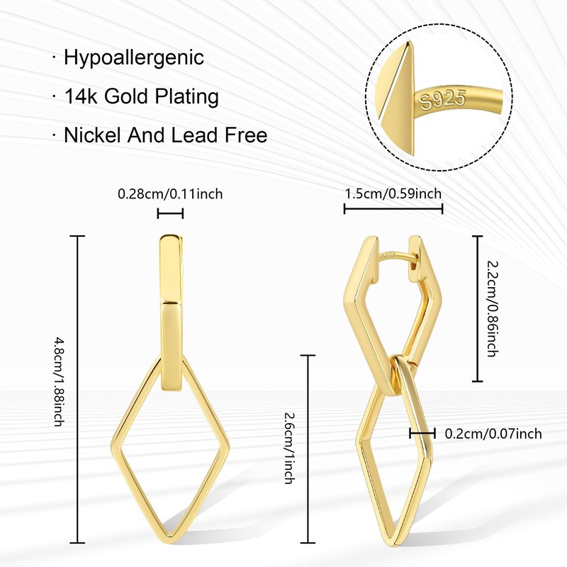 ALEXCRAFT Drop Eckige Ohrringe Gold Hängend Creolen Eckig Damen Klein14K