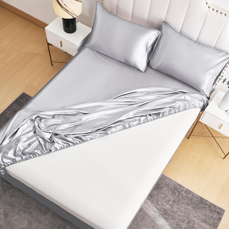 DuShow Satin Fitted Sheet King Sliver Grey,Silky Deep Pocket Satin