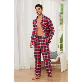 Vulcanodon Men's 100% Cotton Flannel Pajama Sets, Soft Plaid PJS Long Sleeve Sleepwear 2 Piece Button Down Lounge Set(A-Red Blue Plaid,S)