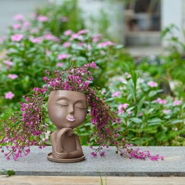 SeoatLink Face Flower Pots Head Planter, Cute Resin Face Planters for Indoor Outdoor Plants, Funny Head Plant Pot with Drainage Hole Brown