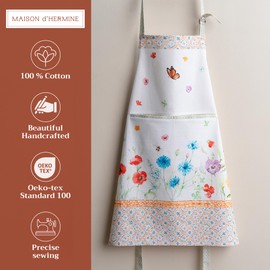 Maison d' Hermine Apron for women with Pocket 100% Cotton 27.50"x31.50" 1 Piece Adjustable Neck Strap & long ties Apron Men, Chef, Wedding, Cooking, Gardening, Server Spring/Summer (Summer Whisper)