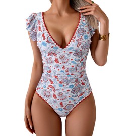 Aidonger Women's One Piece Ruffle Swimsuit Tummy Control Bathing Suit V Neck Shell Stitched Swim Suit Slimming Swimwear