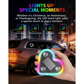 VANKUB 1PCS Car LED Ambient Lights, Car Triangle Window Solar-Powered Heart Shaped Atmosphere Light with 8 Switchable Lighting Modes, Rechargeable Romantic Neon Heart Light for Interior Car(Colorful)