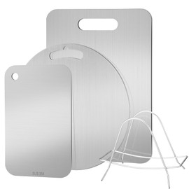 Yaocom 3 Pcs Stainless Steel Cutting Board Set with Holder 304 Stainless Steel Dishwasher Safe Chopping Boards for Kitchen Double Sided Metal Cutting Board for Meat Fruit Vegetable