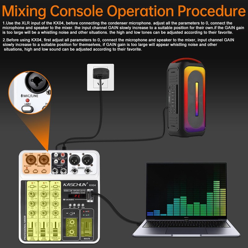 Professional DJ audio mixer, 4-channel DJ mixer, Bluetooth sound mixer,