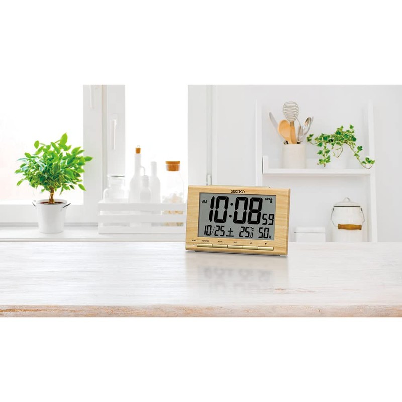 Seiko SQ799B Alarm Clock, Radio-controlled Digital Calendar, Light Brown Woodgrain,