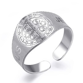 JAJAFOOK Stainless Steel Jesus St. Benedict Signet Ring - Opening Adjustable Religious Jewelry - Silver