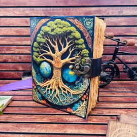 Tree of Life Leather Journal, Large 400 Pages Grimoire Spell Book, Blank Book of Shadows, Large Celestial Gift, Vintage Sketchbook Travel Notebook 7x5 Inch