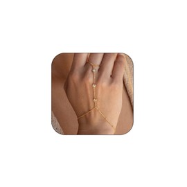 Hand Chain Ring Bracele for Women Dainty 14k Gold Finger Ring Bracelet Bohemian Slave Bracelet Rhinestone Ring Hand Chain Bracelets Trendy Jewelry Gifts (Gold)