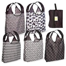 O-WITZ Reusable Grocery Bags | Vibrant Tote Bag For Groceries, Gym, Beach Gear & More | Washable With Large Handles For Maximum Convenience | Folds Into A Small Pouch, 5 Pack, Classic Black and White