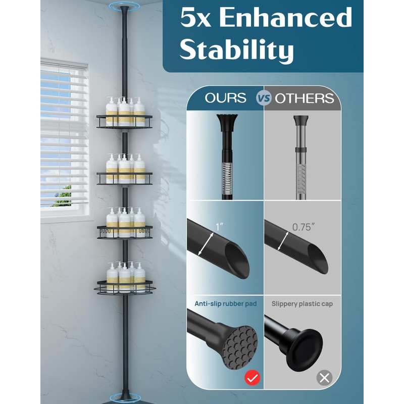 SEIRIONE Corner Shower Caddy Tension Pole, Rustproof Bathroom Shower Organizer