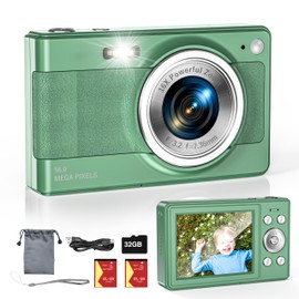 Upgrade Digital Camera, 56MP FHD 1080P Camera for Kids with 16x Zoom Anti Shake, Kid Camera with 32GB TF Card, Two Batteries, Lanyard, Compact Small Camera for Kids Boys Girls（Green）