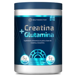 HEALTHADDICTION Creatina + Glutamina en Polvo 300 g │ Suplemento alimenticio con 5 g Creatina Monohidratada + 5 g L-Glutamina por porción │ 30 porciones │ Cuchara medidora 10 g │ Libre de azúcares añadidos │ Hecho en México