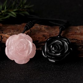 Nupuyai Obsidian Carved Stone Crystal Flower Pendant Necklace for Women, Energy Healing Pendant with Adjustable Cord 68cm