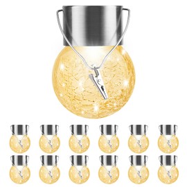 Solar Outdoor Lights Decorative 12 Pack, Hanging Solar Garden Lights Waterproof, Solar Powered Globe Cracked Glass Ball Lantern for Yard Patio Fence Tree Umbrella Holiday Decoration, Warm White