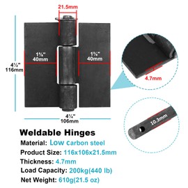 MOUNTAIN_ARK 4 Pack 4-1/2" x 4-1/4" Weldable Door Hinges, Heavy Duty Metal Weld On Gate Butt Hinges for Trailer Ramp Garage, 4.7 mm Thick