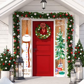 Whaline Christmas Porch Sign Snowman Xmas Tree Hanging Banner Merry Christmas Door Sign for Holiday Home Indoor Outdoor Front Porch Wall Christmas Party Decoration, 12" x 72"