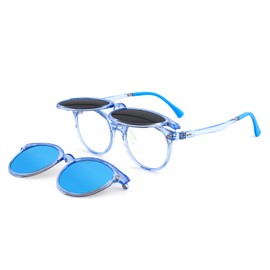 EYEBUDDY Kids Magnetic Clip-On Sunglasses, UV Polarized Sunglasses for Boys and Girls (1 Frame+2pc Magnetic Lens Holders), Blue Frame