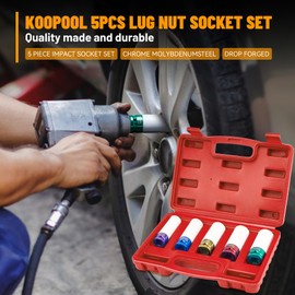 1/2" Drive 5pc Impact Lug Nut Socket Set, Metric 15-17-19-21-22 mm, Thin Wall with Colored Covers, Wheel Lug Nuts Socket with Protective Sleeve and Insert Prevent Damage to Rims (Red）