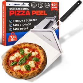 KitchenStar Stainless Steel Pizza Peel 12 inch with 10 inch Folding Handle, Medium - Spatula Paddle for Effortless Pizza Transfer & Easy Storrage - Outdoor Pizza Oven Accessories