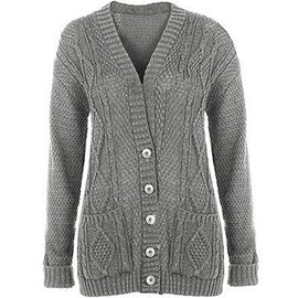 Purple Hanger New Womens Everyday Long Sleeve Button Top Ladies Chunky Aran Cable Knit Grandad Cardigan (16-18 XL, Light Grey)