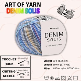 Art of Yarn Denim Solis Variegated Yarn 55% Cotton,45% Poliacrylic,Total 100g(3.52 Oz),320m(348 Yds) Soft Smooth Yarn Sport Fine2 for Crocheting, Knitting, Amigurumi,Blankets,Garments 2 Skein 99942