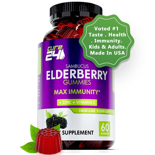 Cure24 Sambucus Elderberry Gummies for Adults & Kids, Black Elderberry Vitamin c and zinc Supplements, Triple Immune Support Supplement, 60 Chews, Made in USA