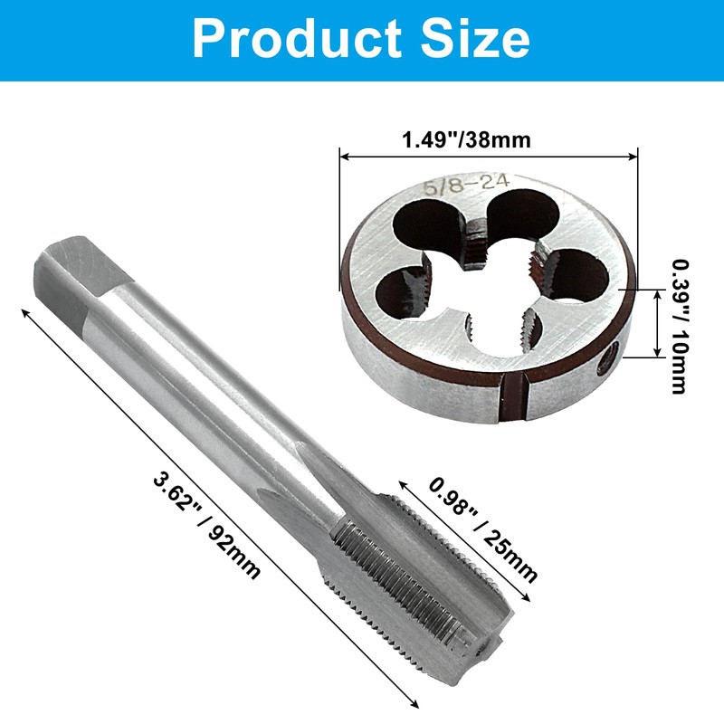 Hordion 5/8"-24 Tap and Die Set, High-speed Steel Thread Tap