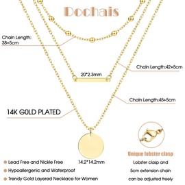 Dochais Women's Gold Necklace, 14 K Gold-Plated Layering Necklace with Pendant, Waterproof Gold Chain, Cross/Cubic Zirconia, Long Choker Chain Set for Women, Trendy Gold Jewellery, Pack of 3, Brass