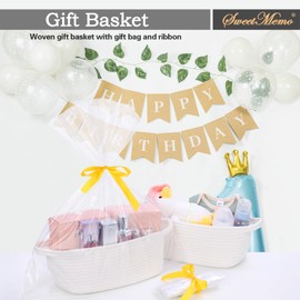 SweetMemo Gift Basket Empty with Handles, 12x8x5 inch - Small Cute Woven Rope Basket for Baby Nursery, Kids Toys - Includes Gift Bag & Ribbon, Perfect for Wedding, Birthday Gifting (White, 1PC)