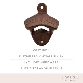 Twine Wall Mounted Bottle Opener with Open Here Slogan and Distressed Finish - Iron Bottle Opener, Brown, Set of 1