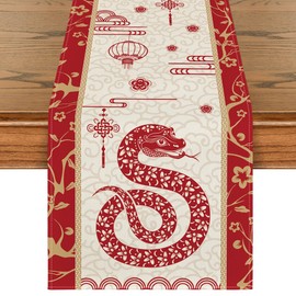 Artoid Mode Paper Cutting Style Chinese Zodiac Snake Happy 2025 Lunar New Year Table Runner, Spring Festival Winter Kitchen Dining Table Decoration for Home Party 13x90 Inch