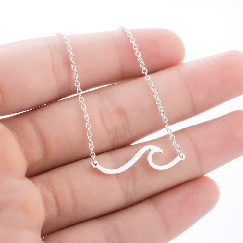 RUIZHEN Simple Ocean Wave Pendant Necklace Sea Beach Jewelry (silver)