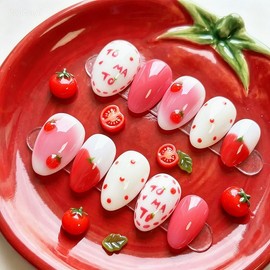 Cute tomato handmade nail tips - Stelletto / 앙증토마토 수제네일팁 - 스텔레토